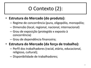 O Contexto (2):
• Estrutura do Mercado (do produto):
– Regime de concorrência (pura, oligopólio, monopólio;
– Dimensão (local, regional, nacional, internacional)
– Grau de exposição (protegido x exposto à
concorrência)
– Grau de dependência financeira;

• Estrutura do Mercado (da força de trabalho):
– Perfil dos trabalhadores (racial, etário, educacional,
religioso, cultural);
– Disponibilidade de trabalhadores;
14

 