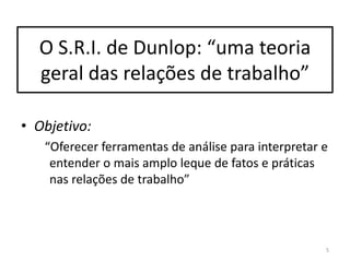 O S.R.I. de Dunlop: “uma teoria
geral das relações de trabalho”
• Objetivo:
“Oferecer ferramentas de análise para interpretar e
entender o mais amplo leque de fatos e práticas
nas relações de trabalho”

5

 