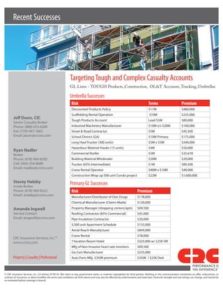 Recent Successes




                                                             Targeting Tough and Complex Casualty Accounts
                                                             GL Lines - TOUGH Products, Construction, OL&T Accounts, Trucking, Umbrellas

                                                             Umbrella Successes
                                                              Risk                                                                     Terms                          Premium
                                                              Discounted Products Policy                                               $11M                           $480,000
                                                              Scaffolding Rental Operation                                             $10M                           $225,000
        Jeff Dunn, CIC
                                                              Tough Products Account                                                   Lead $5M                       $89,000
        Senior Casualty Broker
        Phone: (888) 633-6284                                 Industrial Machinery Manufacturer                                        $10M x/s $20M                  $100,000
        Fax: (770) 447-1663                                   Street & Road Contractor                                                 $5M                            $45,500
        Email: jdunn@crcins.com                               School District (GA)                                                     $10M Primary                   $175,000
                                                              Long Haul Trucker (300 units)                                            $5M x $5M                      $240,000
                                                              Hazardous Material Hauler (15 units)                                     $4M                            $50,000
        Ryan Nadler
        Broker                                                Commercial Roofer                                                        $5M                            $35,678
        Phone: (678) 969-8392                                 Building Material Wholesaler                                             $20M                           $20,000
        Cell: (404) 354-8689                                  Trucker (65% Intermediate)                                               $1M                            $89,500
        Email: rnadler@crcins.com
                                                              Crane Rental Operator                                                    $40M x $10M                    $40,000
                                                              Construction Wrap up 500 unit Condo project                              $22M                           $1,600,000
        Stacey Halaby                                        Primary GL Successes
        Inside Broker
        Phone: (678) 969-8322                                 Risk                                                          Premium
        Email: shalaby@crcins.com                             Manufacturer/Distributor of Diet Drugs                        $178,000
                                                              Chemical Manufacturer (Claims Made)                           $120,000
        Amanda Ingwell                                        Property Manager (shopping centers/apts)                      $69,500
        Service Contact                                       Roofing Contractor (85% Commercial)                           $45,000
        Email: aingwell@crcins.com                            Pipe Insulation Contractor                                    $30,000
                                                              5,500 unit Apartment Schedule                                 $155,000
                                                              Aerial Reach Manufacturer                                     $849,000
                                                              Crane Rental                                                  $78,000
        CRC Insurance Services, Inc.™
        www.crcins.com                                        7 location Resort Hotel                                       $325,000 w/ $25K SIR
                                                              Mfg of Non-Invasive heart rate monitors                       $89,500
                                                              Go-Cart Manufacturer                                          $235,000
        Property | Casualty | Professional                    Auto Parts Mfg $350K premium                                  $350K / $25K Ded.

                                                                                                                                                                                PERFORMANCE IS
                                                                                                                                                                                THE DIFFERENCE
                                                                                                                                                                                                       TM




© CRC Insurance Services, Inc. CA license 0778135. (No claim to any government works or material copyrighted by third parties). Nothing in this communication constitutes an offer, inducement, or
contract of insurance, or alters/modifies the terms and conditions set forth above and may also be affected by endorsements and state laws. Financial strength and size ratings can change, and should be
re-evaluated before coverage is bound.
 