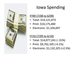 Iowa Spending <ul><li>FY09 (7/08 to 6/09) </li></ul><ul><li>Total: $14,121,073 </li></ul><ul><li>Print: $10,175,460 </li><...