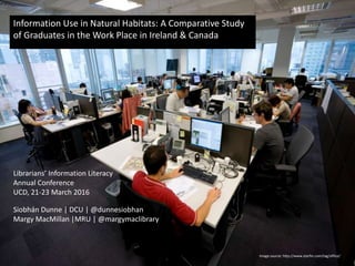 Information Use in Natural Habitats: A Comparative Study
of Graduates in the Work Place in Ireland & Canada
Siobhán Dunne | DCU | @dunnesiobhan
Margy MacMillan |MRU | @margymaclibrary
Image source: http://www.starfm.com/tag/office/
Librarians’ Information Literacy
Annual Conference
UCD, 21-23 March 2016
 