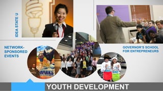 YOUTH DEVELOPMENT
NETWORK-
SPONSORED
EVENTS
IDEASTATEU
GOVERNOR’S SCHOOL
FOR ENTREPRENEURS
 