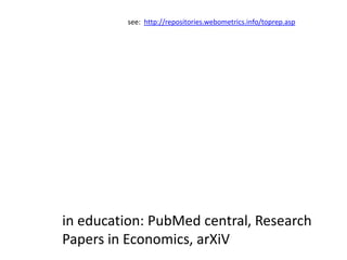 see:  http://repositories.webometrics.info/toprep.aspin education: PubMed central, Research Papers in Economics, arXiV