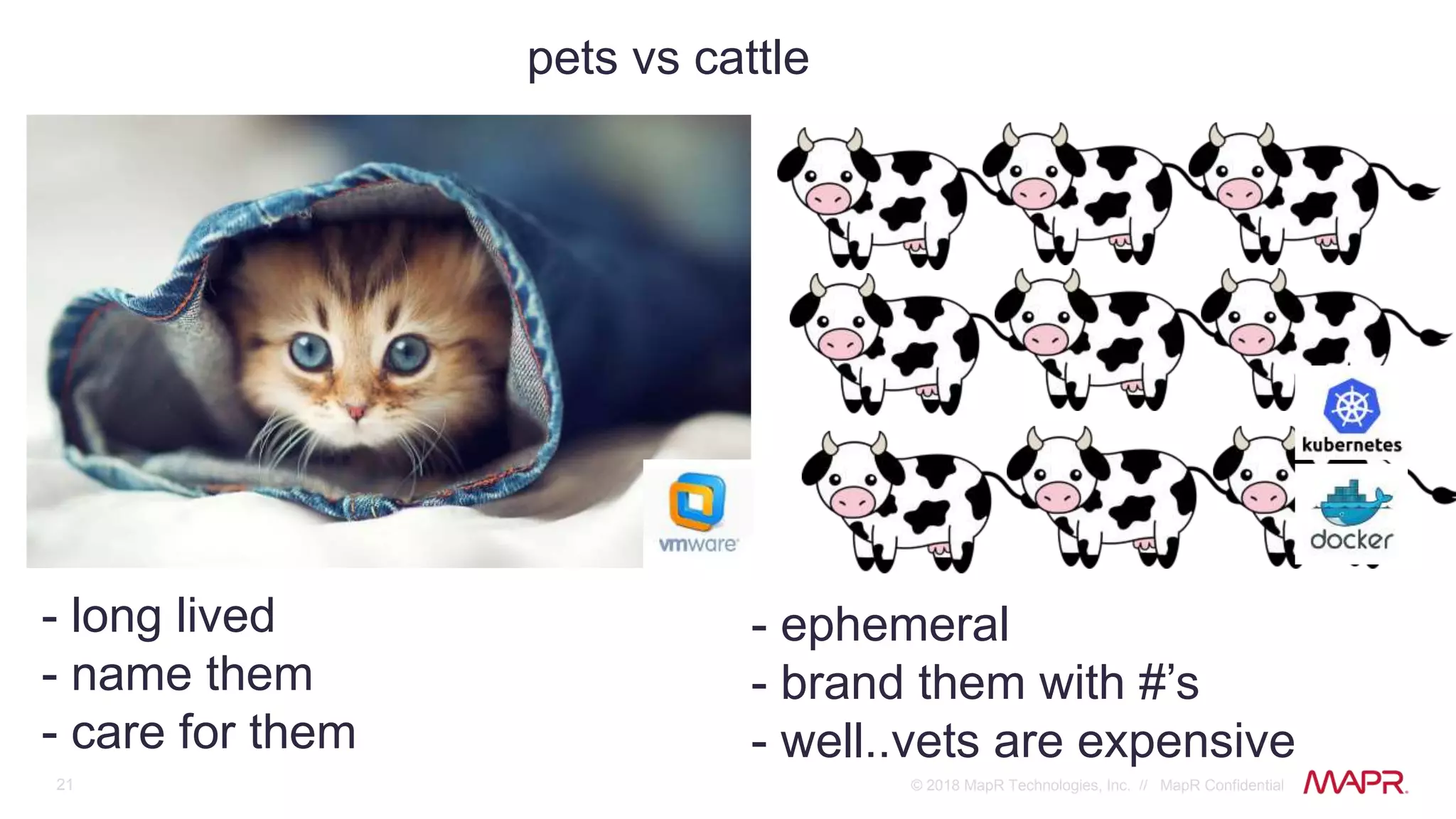 21 © 2018 MapR Technologies, Inc. // MapR Confidential
pets vs cattle
- long lived
- name them
- care for them
- ephemeral
- brand them with #’s
- well..vets are expensive
 
