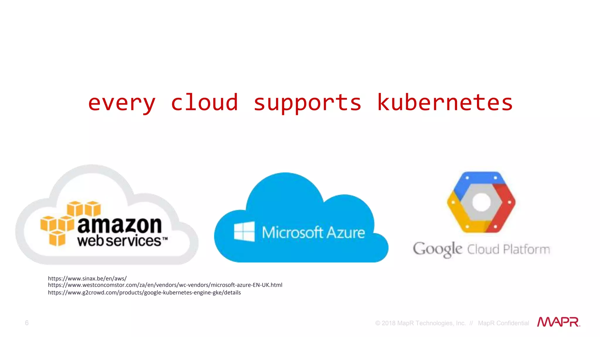 6 © 2018 MapR Technologies, Inc. // MapR Confidential
every cloud supports kubernetes
https://www.sinax.be/en/aws/
https://www.westconcomstor.com/za/en/vendors/wc-vendors/microsoft-azure-EN-UK.html
https://www.g2crowd.com/products/google-kubernetes-engine-gke/details
 