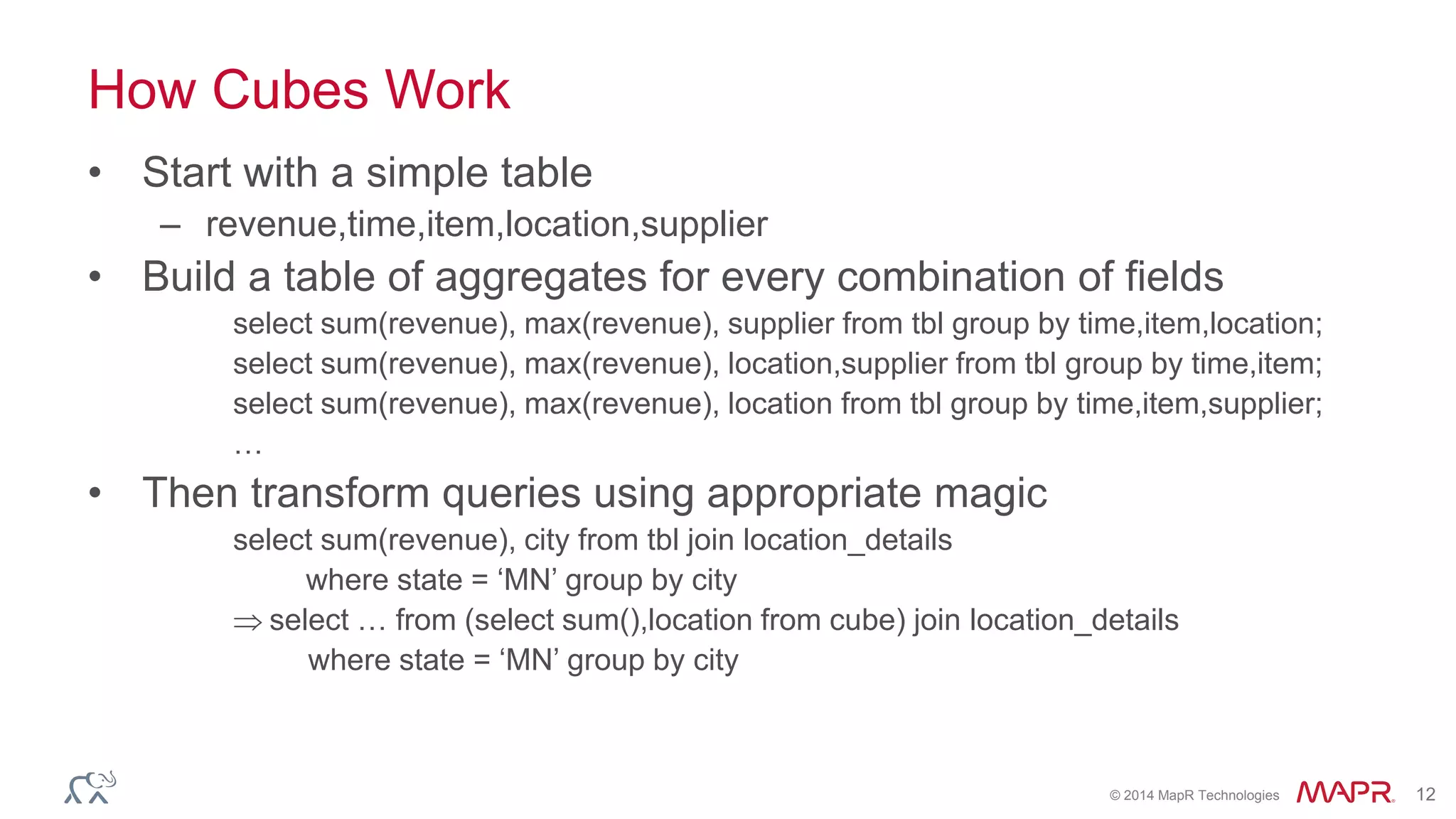 © 2014 MapR Technologies 12
How Cubes Work
• Start with a simple table
– revenue,time,item,location,supplier
• Build a table of aggregates for every combination of fields
select sum(revenue), max(revenue), supplier from tbl group by time,item,location;
select sum(revenue), max(revenue), location,supplier from tbl group by time,item;
select sum(revenue), max(revenue), location from tbl group by time,item,supplier;
…
• Then transform queries using appropriate magic
select sum(revenue), city from tbl join location_details
where state = ‘MN’ group by city
 select … from (select sum(),location from cube) join location_details
where state = ‘MN’ group by city
 