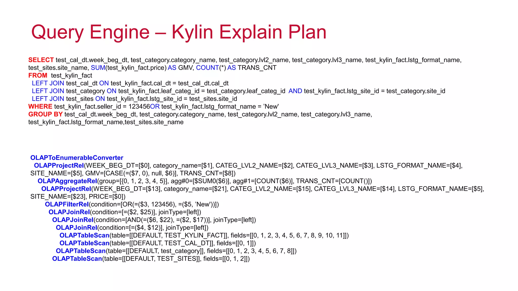 © 2014 MapR Technologies 31
SELECT test_cal_dt.week_beg_dt, test_category.category_name, test_category.lvl2_name, test_category.lvl3_name, test_kylin_fact.lstg_format_name,
test_sites.site_name, SUM(test_kylin_fact.price) AS GMV, COUNT(*) AS TRANS_CNT
FROM test_kylin_fact
LEFT JOIN test_cal_dt ON test_kylin_fact.cal_dt = test_cal_dt.cal_dt
LEFT JOIN test_category ON test_kylin_fact.leaf_categ_id = test_category.leaf_categ_id AND test_kylin_fact.lstg_site_id = test_category.site_id
LEFT JOIN test_sites ON test_kylin_fact.lstg_site_id = test_sites.site_id
WHERE test_kylin_fact.seller_id = 123456OR test_kylin_fact.lstg_format_name = ’New'
GROUP BY test_cal_dt.week_beg_dt, test_category.category_name, test_category.lvl2_name, test_category.lvl3_name,
test_kylin_fact.lstg_format_name,test_sites.site_name
OLAPToEnumerableConverter
OLAPProjectRel(WEEK_BEG_DT=[$0], category_name=[$1], CATEG_LVL2_NAME=[$2], CATEG_LVL3_NAME=[$3], LSTG_FORMAT_NAME=[$4],
SITE_NAME=[$5], GMV=[CASE(=($7, 0), null, $6)], TRANS_CNT=[$8])
OLAPAggregateRel(group=[{0, 1, 2, 3, 4, 5}], agg#0=[$SUM0($6)], agg#1=[COUNT($6)], TRANS_CNT=[COUNT()])
OLAPProjectRel(WEEK_BEG_DT=[$13], category_name=[$21], CATEG_LVL2_NAME=[$15], CATEG_LVL3_NAME=[$14], LSTG_FORMAT_NAME=[$5],
SITE_NAME=[$23], PRICE=[$0])
OLAPFilterRel(condition=[OR(=($3, 123456), =($5, ’New'))])
OLAPJoinRel(condition=[=($2, $25)], joinType=[left])
OLAPJoinRel(condition=[AND(=($6, $22), =($2, $17))], joinType=[left])
OLAPJoinRel(condition=[=($4, $12)], joinType=[left])
OLAPTableScan(table=[[DEFAULT, TEST_KYLIN_FACT]], fields=[[0, 1, 2, 3, 4, 5, 6, 7, 8, 9, 10, 11]])
OLAPTableScan(table=[[DEFAULT, TEST_CAL_DT]], fields=[[0, 1]])
OLAPTableScan(table=[[DEFAULT, test_category]], fields=[[0, 1, 2, 3, 4, 5, 6, 7, 8]])
OLAPTableScan(table=[[DEFAULT, TEST_SITES]], fields=[[0, 1, 2]])
Query Engine – Kylin Explain Plan
 