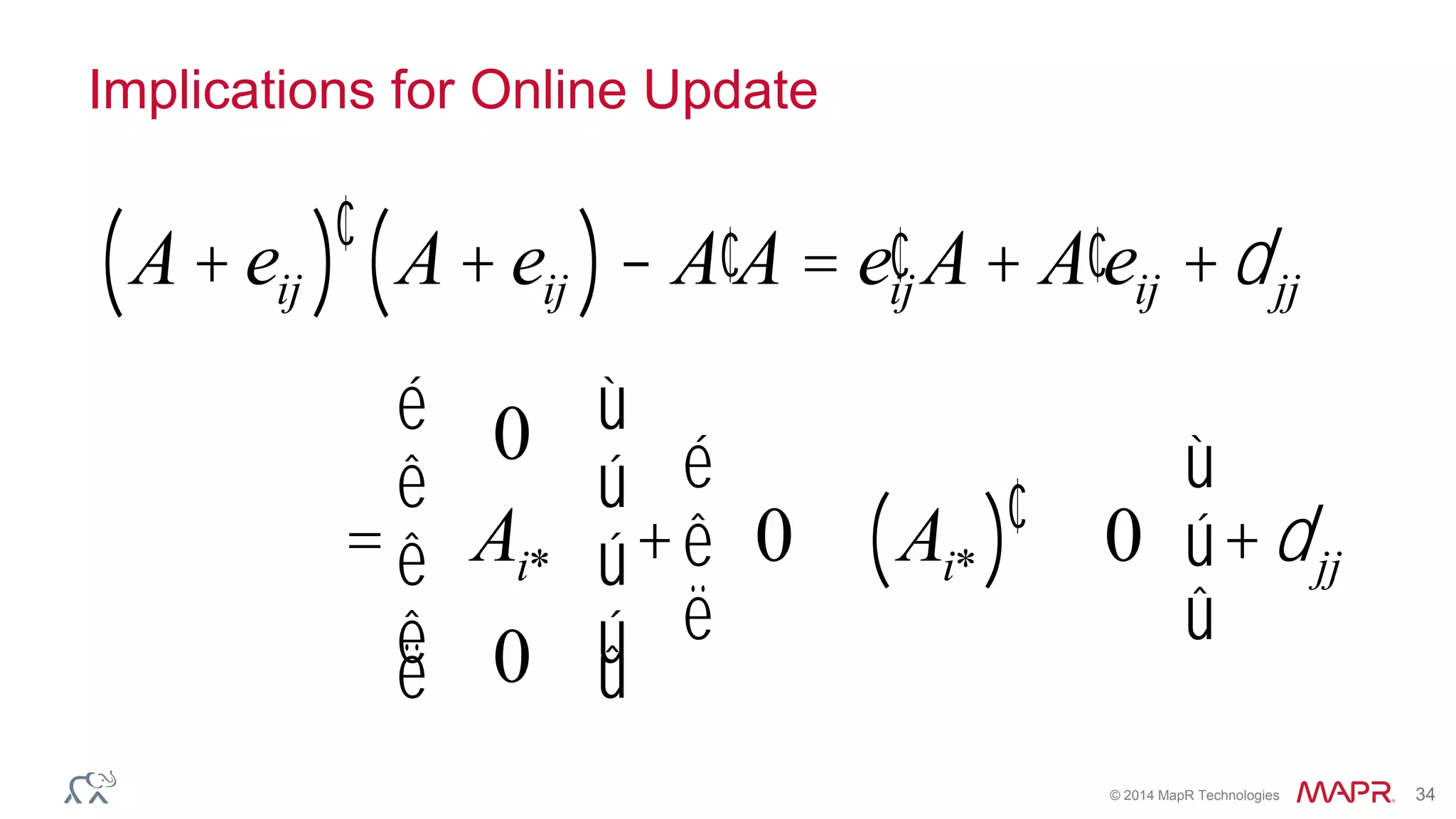 © 2014 MapR Technologies 34
Implications for Online Update
A+eij( )¢ A+eij( )- ¢A A = ¢eij A+ ¢A eij +djj
=
0
Ai*
0
é
ë
ê
ê
ê
ù
û
ú
ú
ú
+ 0 Ai*( )¢ 0
é
ë
ê
ù
û
ú+djj
 