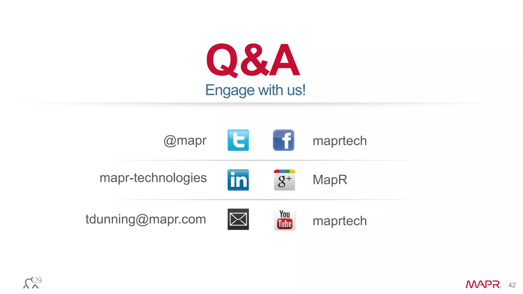 © 2014 MapR Technologies 42
Q&A
@mapr maprtech
tdunning@mapr.com
Engage with us!
MapR
maprtech
mapr-technologies
 