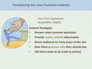 Introducing the new Dunrovin website

Your first impression:
hospitable, helpful
Content Strategies
•
Answer most common questions
•

Provide useful, helpful information

•

Direct audience to 3 key areas of the site

•

Give them a reason why they should stay

•

Tell them what to do [calls to action]

 