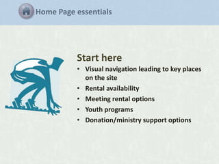 Home Page essentials

Start here
• Visual navigation leading to key places
on the site
• Rental availability
• Meeting rental options
• Youth programs
• Donation/ministry support options

 