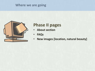 Where we are going

Phase II pages
• About section
• FAQs
• New images [location, natural beauty]

 