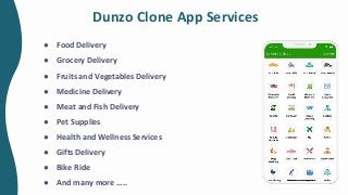 Dunzo Clone App Services
● Food Delivery
● Grocery Delivery
● Fruits and Vegetables Delivery
● Medicine Delivery
● Meat and Fish Delivery
● Pet Supplies
● Health and Wellness Services
● Gifts Delivery
● Bike Ride
● And many more …..
 