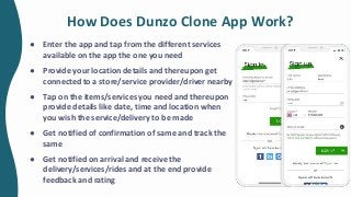 How Does Dunzo Clone App Work?
● Enter the app and tap from the different services
available on the app the one you need
● Provide your location details and thereupon get
connected to a store/service provider/driver nearby
● Tap on the items/services you need and thereupon
provide details like date, time and location when
you wish the service/delivery to be made
● Get notified of confirmation of same and track the
same
● Get notified on arrival and receive the
delivery/services/rides and at the end provide
feedback and rating
 