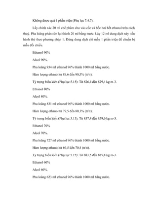 Không được quá 1 phần triệu (Phụ lục 7.4.7). 
Lấy chính xác 20 ml chế phẩm cho vào cốc và bốc hơi hết ethanol trên cách 
thuỷ. Pha loãng phần còn lại thành 20 ml bằng nước. Lấy 12 ml dung dịch này tiến 
hành thử theo phương pháp 1. Dùng dung dịch chì mẫu 1 phần triệu để chuẩn bị 
mẫu đối chiếu. 
Ethanol 90% 
Alcol 90%. 
Pha loãng 934 ml ethanol 96% thành 1000 ml bằng nước. 
Hàm lượng ethanol từ 89,6 đến 90,5% (tt/tt). 
Tỷ trọng biểu kiến (Phụ lục 5.15): Từ 826,4 đến 829,4 kg m-3. 
Ethanol 80% 
Alcol 80%. 
Pha loãng 831 ml ethanol 96% thành 1000 ml bằng nước. 
Hàm lượng ethanol từ 79,5 đến 80,3% (tt/tt). 
Tỷ trọng biểu kiến (Phụ lục 5.15): Từ 857,4 đến 859,6 kg m-3. 
Ethanol 70% 
Alcol 70%. 
Pha loãng 727 ml ethanol 96% thành 1000 ml bằng nước. 
Hàm lượng ethanol từ 69,5 đến 70,4 (tt/tt). 
Tỷ trọng biểu kiến (Phụ lục 5.15): Từ 883,5 đến 885,8 kg m-3. 
Ethanol 60% 
Alcol 60%. 
Pha loãng 623 ml ethanol 96% thành 1000 ml bằng nước. 
 