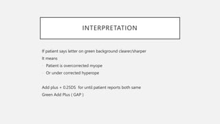 INTERPRETATION
If patient says letter on green background clearer/sharper
It means
- Patient is overcorrected myope
- Or under corrected hyperope
Add plus + 0.25DS for until patient reports both same
Green Add Plus ( GAP )
 