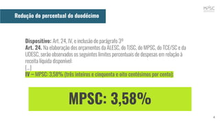 Dispositivo: Art. 24, IV, e inclusão de parágrafo 3º
Art. 24. Na elaboração dos orçamentos da ALESC, do TJSC, do MPSC, do TCE/SC e da
UDESC, serão observados os seguintes limites percentuais de despesas em relação à
receita líquida disponível:
[...]
IV – MPSC: 3,58% (três inteiros e cinquenta e oito centésimos por cento);
MPSC: 3,58%
4
Redução do percentual do duodécimo
 