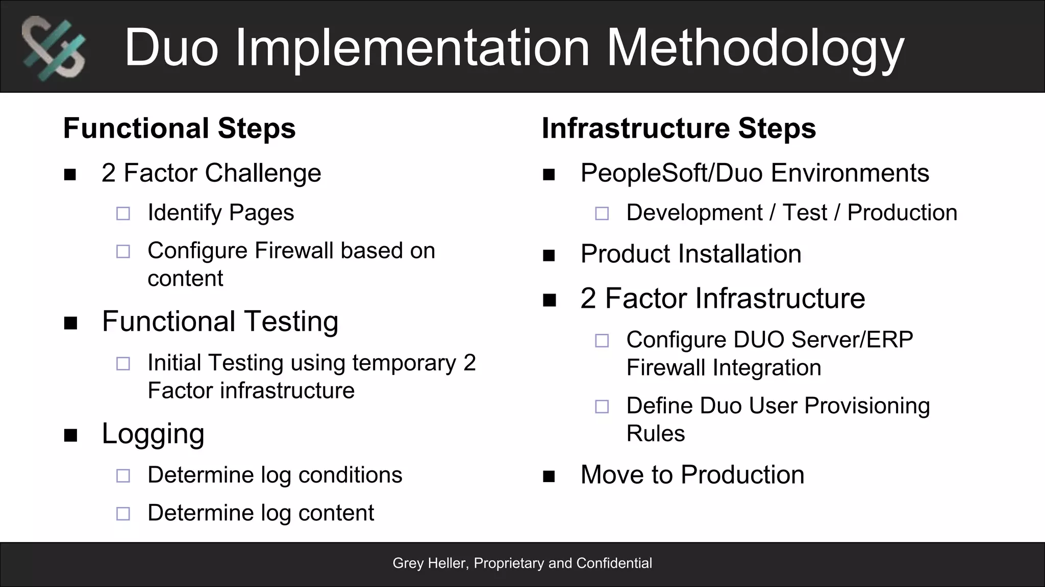 Grey Heller, Proprietary and Confidential
Lifecycle Management
n  PeopleSoft General Maintenance
¨  Application Upgrades and Bundles
¨  PeopleTools Upgrades and Patches
¨  Customizations
n  ERP Firewall
¨  Rules Engine means existing configuration is resilient to
upgrades
¨  Understands differences between PeopleSoft releases
n  Duo
¨  ERP Firewall isolates Duo from PeopleSoft impact
 