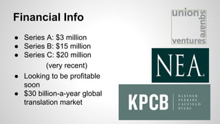Financial Info
● Series A: $3 million
● Series B: $15 million
● Series C: $20 million
(very recent)
● Looking to be profitable
soon
● $30 billion-a-year global
translation market
 