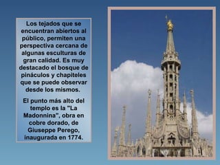 Los tejados que se encuentran abiertos al público, permiten una perspectiva cercana de algunas esculturas de gran calidad. Es muy destacado el bosque de pináculos y chapiteles que se puede observar desde los mismos.  El punto más alto del templo es la "La Madonnina", obra en cobre dorado, de Giuseppe Perego, inaugurada en 1774. 
