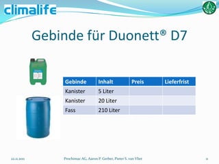 Gebinde für Duonett® D7

                 Gebinde               Inhalt               Preis     Lieferfrist
                 Kanister              5 Liter
                 Kanister              20 Liter
                 Fass                  210 Liter




22.11.2011       Prochimac AG, Aaron P. Gerber, Pieter S. van Vliet                 11
 