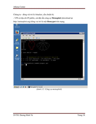 Athena Center
SVTH: Dương Đình Tú Trang 18
Chúng ta – đóng vài trò là Attacker, cần chuẩn bị:
- VPS có địa chỉ IP public, cài đặt sẵn công cụ Metasploit (download tại
http://metasploit.org) đóng vai trò là một Honeypot trên mạng.
(hình 3.2: Công cụ metasploit)
 
