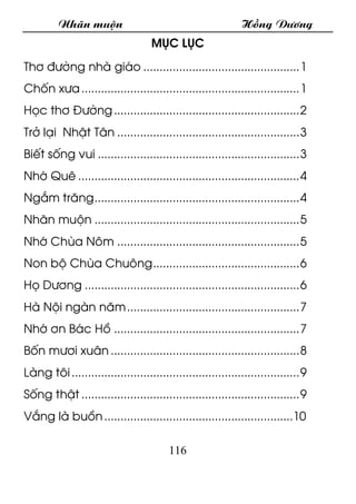 Nh·n muén Hång D­¬ng
116
Môc lôc
Th¬ ®­êng nhµ gi¸o ................................................1
Chèn x­a...............