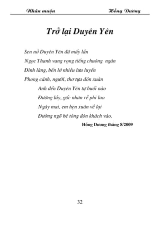 Nh·n muén Hång D­¬ng
32
Trë l¹i Duyªn Yªn
Sen në Duyªn Yªn ®· mÊy lÇn
Ngäc Thanh vang väng tiÕng chu«ng ng©n
§×nh lµng, bÕ...