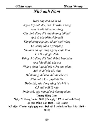 Nh·n muén Hång D­¬ng
69
Nhí anh Nam
H«m nay anh ®· ®i xa
Ngãn tay tÝnh ®èt, míi lµ tr¨m nhang
Anh ®i gèi ®Êt n»m s­¬ng
Gia...