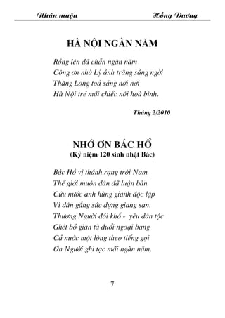 Nh·n muén Hång D­¬ng
7
Hµ Néi ngµn n¨m
Rång lªn ®· ch½n ngµn n¨m
C«ng ¬n nhµ Lý ¸nh tr¨ng s¸ng ngêi
Th¨ng Long to¶ s¸ng n¬...