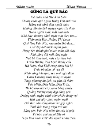 Nh·n muén Hång D­¬ng
76
Còng lµ quª B¸c
VÒ th¨m nhµ B¸c Kim Liªn
Chóng ch¸u quª ngo¹i H­ng Yªn míi vµo
Mõng vui c¶nh ®ãn n...