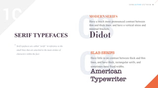 Serif typefaces are called “serifs” in reference to the
small lines that are attached to the main strokes of
characters within the face
SERIF TYPEFACES
MODERNSERIFS
Have a much more pronounced contrast between
thin and thick lines, and have a vertical stress and
minimal brackets.
SLAB SERIFS
Have little to no contrast between thick and thin
lines, and have thick, rectangular serifs, and
sometimes have fixed widths.
“
Didot
American
Typewriter
1C
 