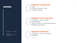 TYPOGRAPHY INTRODUCTION
A. WHY?
B. FONT AND TYPOGRAPHY TERMS
C. TYPE CLASSIFICATION
AGENDA
T I M E & S L I D E
60 minutes
50 slides and 3 main sections
Free resources
TYPOGRAPHY SCALES AND GRIDS
A. LINE LENGTH - LEADING - KERNING
B. TEXT ALIGNMENT
C. ROLE OF TYPEFACES & TYPOGRAPHIC HIERARCHY
D. SPACING & BASELINE GRID
TYPOGRAPHY SHOWCASES
A. HOW TO SELECT FONTS TO THE WEBSITE
B. SHOWCASES
 