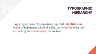 TYPOGRAPHIC
HIERARCHY
Typographic hierarchy organizing type that establishes an
order of importance within the data, easily to find what they
are looking for and navigate the content.
2C
 