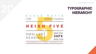 TYPOGRAPHIC
HIERARCHY
H E I G H F I V E
S M A L L E R
H E A D I N G
S C A L E R A T I O
BODY TEXT
2 6 P X
BASE SIZE
1.333
R E A D A B I L I T Y A N D L E G I B I L I T Y
PERFECT FOURTH
2C
 