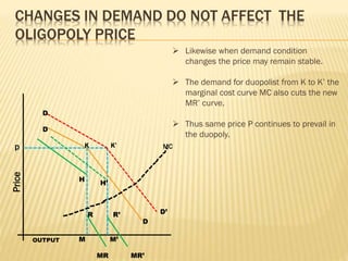 CHANGES IN DEMAND DO NOT AFFECT THE
OLIGOPOLY PRICE
p MC
D’
D
R R’
H
H’
D
D
M M’
MR MR’
OUTPUT
Price
K K’
 Likewise when demand condition
changes the price may remain stable.
 The demand for duopolist from K to K’ the
marginal cost curve MC also cuts the new
MR’ curve.
 Thus same price P continues to prevail in
the duopoly.
 