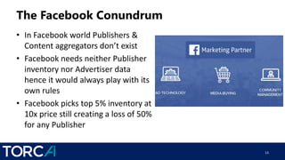 The Facebook Conundrum
• In Facebook world Publishers &
Content aggregators don’t exist
• Facebook needs neither Publisher
inventory nor Advertiser data
hence it would always play with its
own rules
• Facebook picks top 5% inventory at
10x price still creating a loss of 50%
for any Publisher
13
 