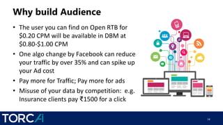 Why build Audience
• The user you can find on Open RTB for
$0.20 CPM will be available in DBM at
$0.80-$1.00 CPM
• One algo change by Facebook can reduce
your traffic by over 35% and can spike up
your Ad cost
• Pay more for Traffic; Pay more for ads
• Misuse of your data by competition: e.g.
Insurance clients pay ₹1500 for a click
14
 