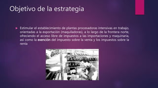 Objetivo de la estrategia
 Estimular el establecimiento de plantas procesadoras intensivas en trabajo,
orientadas a la exportación (maquiladoras), a lo largo de la frontera norte,
ofreciendo el acceso libre de impuestos a las importaciones y maquinaria,
así como la exención del impuesto sobre la venta y los impuestos sobre la
renta
 