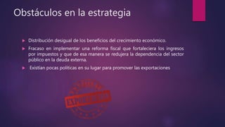 Obstáculos en la estrategia
 Distribución desigual de los beneficios del crecimiento económico.
 Fracaso en implementar una reforma fiscal que fortaleciera los ingresos
por impuestos y que de esa manera se redujera la dependencia del sector
público en la deuda externa.
 Existían pocas políticas en su lugar para promover las exportaciones
 