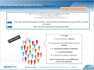…à une vision plus globale du Client …
                                                                                              Exemple : secteur des telcos

                        • Mesure de la satisfaction auprès de segments de clients :
                                               Par profils (Digitaux/Familles/ …)
                                       Par étape du cycle de vie (Nouveaux /Résiliés/ …)

          Une vision globale de groupes de clients : hiérarchisation des dimensions marque /offre / qualité
                                               de service
                                   Mais une vision partielle de l’expérience client



                                                                                            L’image
                                                                              Les motivations, attentes

                                                                   La fréquence, les motifs et les points de
                                                                                            contacts
                                                                       La satisfaction globale et détaillée
                                                                                  La recommandation
                                                                         L’intention de quitter l’opérateur

                                                                     Afin de comprendre ce qui différencie
                                                                             chacun des segments.


                       www.softcomputing.com   Reproduction interdite sans l’accord écrit de Soft Computing   22/01/2013     11
 