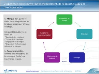 L’Expérience client couvre tout le cheminement, de l’approche jusqu’à la
recommandation



La Marque doit guider le                                                                Connecter et
                                                                                           attirer
client dans son parcours, en
le faisant progresser d’étape
en étape.

Elle doit interagir avec le                       Susciter la
client en :                                                                                                                       Orienter
                                               recommandation
Suscitant des émotions
Créant de la confiance
Engageant un dialogue
Emportant l’adhésion aux
valeurs de la marque.

La Recommandation,
comme en Satisfaction, est
le marqueur final d’une                                        Développer &
                                                                                                                   Interagir
Expérience réussie.                                              fidéliser




                            www.softcomputing.com   Reproduction interdite sans l’accord écrit de Soft Computing     22/01/2013              8
 