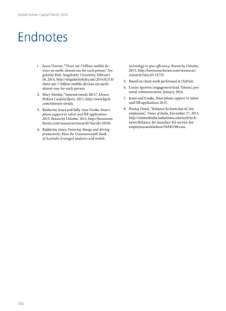 Endnotes
1.	 Jason Dorrier, “There are 7 billion mobile de-
vices on earth, almost one for each person,” Sin-
gularity Hub, Singularity University, February
18, 2014, http://singularityhub.com/2014/02/18/
there-are-7-billion-mobile-devices-on-earth-
almost-one-for-each-person.
2.	 Mary Meeker, “Internet trends 2015,” Kleiner
Perkins Caufield Byers, 2015, http://www.kpcb.
com/internet-trends.
3.	 Katherine Jones and Sally-Ann Cooke, Smart-
phone support in talent and HR applications
2015, Bersin by Deloitte, 2015, http://bersinone.
bersin.com/resources/research/?docid=18536.
4.	 Katherine Jones, Fostering change and driving
productivity: How the Commonwealth Bank
of Australia leveraged analytics and mobile
technology to spur efficiency, Bersin by Deloitte,
2015, http://bersinone.bersin.com/resources/
research/?docid=18735.
5.	 Based on client work performed at DuPont.
6.	 Louise Sporton (engagement lead, Telstra), per-
sonal communication, January 2016.
7.	 Jones and Cooke, Smartphone support in talent
and HR applications 2015.
8.	 Pankaj Doval, “Reliance Jio launches 4G for
employees,” Times of India, December 27, 2015,
http://timesofindia.indiatimes.com/tech/tech-
news/Reliance-Jio-launches-4G-service-for-
employees/articleshow/50345198.cms.
Global Human Capital Trends 2016
102
 