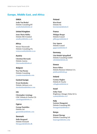 EMEA
Ardie Van Berkel
Deloitte Consulting BV
avanberkel@deloitte.nl
United Kingdom
Anne-Marie Malley
Deloitte MCS Limited
amalley@deloitte.co.uk
Africa
Werner Nieuwoudt
Deloitte Consulting Pty
wnieuwoudt@deloitte.co.za
Austria
Christian Havranek
Deloitte Austria
chavranek@deloitte.at
Belgium
Yves Van Durme
Deloitte Consulting
yvandurme@deloitte.com
Central Europe
Evzen Kordenko
Deloitte Advisory s.r.o.
ekordenko@deloittece.com
CIS
Christopher Armitage
CJSC Deloitte & Touche CIS
carmitage@deloitte.ru
Cyprus
George Pantelides
Deloitte Ltd
gpantelides@deloitte.com
Denmark
Helle Havgaard
Deloitte Denmark
hhavgaard@deloitte.dk
Finland
Kirsi Kemi
Deloitte Oy
kirsi.kemi@deloitte.fi
France
Philippe Burger
Deloitte Conseil
phburger@deloitte.fr
Guy Aguera
Deloitte Conseil
gaguera@deloitte.fr
Germany
Udo Bohdal-Spiegelhoff
Deloitte Consulting GmbH
ubohdal@deloitte.de
Greece
Petros Mihos
Deloitte Business Solutions S.A.
pmihos@deloitte.gr
Ireland
Cormac Hughes
Deloitte & Touche
cohughes@deloitte.ie
Israel
Zohar Yami
Brightman Almagor Zohar & Co.
zyami@deloitte.co.il
Italy
Lorenzo Manganini
Deloitte Consulting SRL
lmanganini@deloitte.it
Kenya
Kimani Njoroge
Deloitte Consulting Ltd
knjoroge@deloitte.co.ke
Europe, Middle East, and Africa
Global Human Capital Trends 2016
118
 