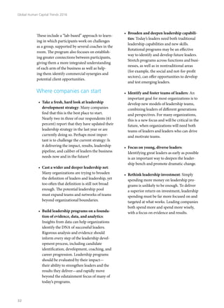 These include a “lab-based” approach to learn-
ing in which participants work on challenges
as a group, supported by several coaches in the
room. The program also focuses on establish-
ing greater connections between participants,
giving them a more integrated understanding
of each arm of the business as well as help-
ing them identify commercial synergies and
potential client opportunities.
Where companies can start
•	 Take a fresh, hard look at leadership
development strategy: Many companies
find that this is the best place to start.
Nearly two in three of our respondents (61
percent) report that they have updated their
leadership strategy in the last year or are
currently doing so. Perhaps most impor-
tant is to challenge the current strategy: Is
it delivering the impact, results, leadership
pipeline, and caliber of leaders the business
needs now and in the future?
•	 Cast a wider and deeper leadership net:
Many organizations are trying to broaden
the definition of leaders and leadership, yet
too often that definition is still not broad
enough. The potential leadership pool
must expand teams and networks of teams
beyond organizational boundaries.
•	 Build leadership programs on a founda-
tion of evidence, data, and analytics:
Insights from data can help organizations
identify the DNA of successful leaders.
Rigorous analysis and evidence should
inform every step of the leadership devel-
opment process, including candidate
identification, development, coaching, and
career progression. Leadership programs
should be evaluated by their impact—
their ability to strengthen leaders and the
results they deliver—and rapidly move
beyond the edutainment focus of many of
today’s programs.
•	 Broaden and deepen leadership capabili-
ties: Today’s leaders need both traditional
leadership capabilities and new skills.
Rotational programs may be an effective
way to identify and develop future leaders.
Stretch programs across functions and busi-
nesses, as well as in nontraditional areas
(for example, the social and not-for-profit
sectors), can offer opportunities to develop
and test emerging leaders.
•	 Identify and foster teams of leaders: An
important goal for most organizations is to
develop new models of leadership teams,
combining leaders of different generations
and perspectives. For many organizations,
this is a new focus and will be critical in the
future, when organizations will need both
teams of leaders and leaders who can drive
and motivate teams.
•	 Focus on young, diverse leaders:
Identifying great leaders as early as possible
is an important way to deepen the leader-
ship bench and promote dramatic change.
•	 Rethink leadership investment: Simply
spending more money on leadership pro-
grams is unlikely to be enough. To deliver
a superior return on investment, leadership
spending must be far more focused on and
targeted at what works. Leading companies
both spend more and spend more wisely,
with a focus on evidence and results.
Global Human Capital Trends 2016
32
 
