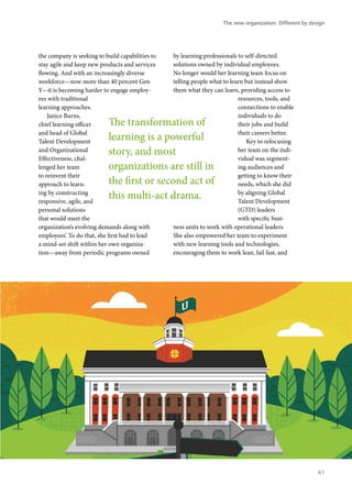 the company is seeking to build capabilities to
stay agile and keep new products and services
flowing. And with an increasingly diverse
workforce—now more than 40 percent Gen
Y—it is becoming harder to engage employ-
ees with traditional
learning approaches.
Janice Burns,
chief learning officer
and head of Global
Talent Development
and Organizational
Effectiveness, chal-
lenged her team
to reinvent their
approach to learn-
ing by constructing
responsive, agile, and
personal solutions
that would meet the
organization’s evolving demands along with
employees’. To do that, she first had to lead
a mind-set shift within her own organiza-
tion—away from periodic programs owned
by learning professionals to self-directed
solutions owned by individual employees.
No longer would her learning team focus on
telling people what to learn but instead show
them what they can learn, providing access to
resources, tools, and
connections to enable
individuals to do
their jobs and build
their careers better.
Key to refocusing
her team on the indi-
vidual was segment-
ing audiences and
getting to know their
needs, which she did
by aligning Global
Talent Development
(GTD) leaders
with specific busi-
ness units to work with operational leaders.
She also empowered her team to experiment
with new learning tools and technologies,
encouraging them to work lean, fail fast, and
The transformation of
learning is a powerful
story, and most
organizations are still in
the first or second act of
this multi-act drama.
The new organization: Different by design
61
 