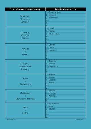 DUPLA/TRIO - FORMADA POR:                 IRMÃ E/OU FAMÍLIA:
                                    1 – ANDRÉIA JANES
                                    2 – DOLORES
                   MARLUCE,
                                    3 – ROSÂNGELA
                   TAMIRES E
                                    4–
                    ÂNGELA          5–
                                    6–
                                    1 – PENHA
                                    2 – DÉBORA
                   LUZINETE,
                                    3 – MARIA NILZA
                    CLEIZE E
                                    4–
                    CLEMIR          5–
                                    6–
                                    1 – CLEMIR
                                    2 – CLEIZE
                    ADENIR
                                    3 – JANDIRA
                       E
                                    4–
                    MARLA           5–
                                    6–
                                    1 – TAMARA
                    MAYRA,          2 – SIMONE
                  APARECIDA E       3 – FRANCIELLE
                   PRISCILA         4–
                                    5–
                                    1 – ADENIR
                                    2 – REGINA
                    ALINE
                                    3 – LUZENIR
                       E
                                    4 – ÂNGELA
                  THOMELINA         5–
                                    6–
                                    1 – MOEMA
                   ZULEIMAR         2 – IZALDIRA
                       E            3 – ANTÔNIA
              MARIA JOSÉ TEIXEIRA   4–
                                    5–
                                    1 – MARGARIDA
                                    2 – NETY
                     VERA
                                    3 – MILEIDE
                       E
                                    4–
                    LUÍZA           5–
                                    6–
AGOSTO DE 2011.                                               CONTINUA
 