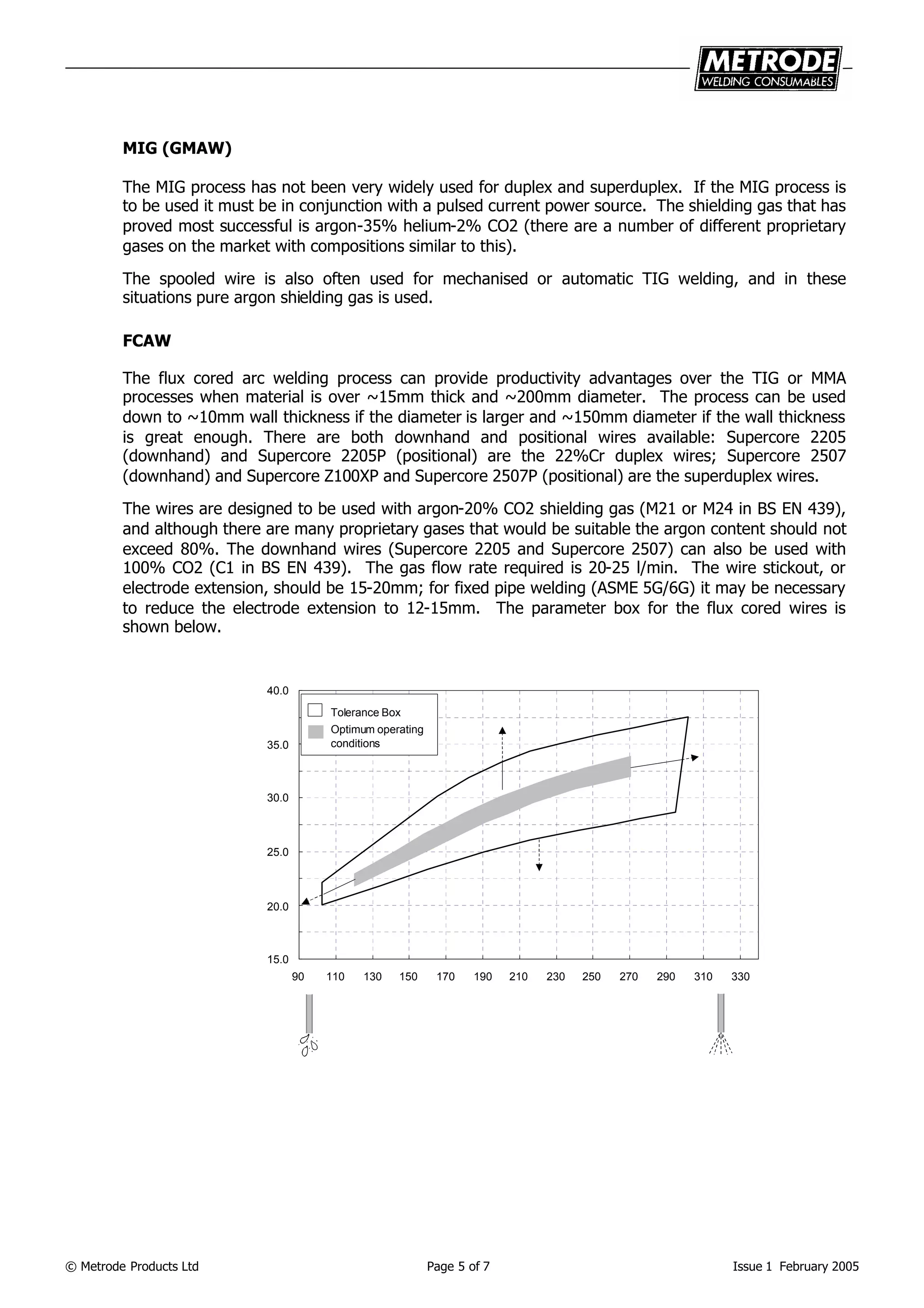 © Metrode Products Ltd Page 5 of 7 Issue 1 February 2005
MIG (GMAW)
The MIG process has not been very widely used for duplex and superduplex. If the MIG process is
to be used it must be in conjunction with a pulsed current power source. The shielding gas that has
proved most successful is argon-35% helium-2% CO2 (there are a number of different proprietary
gases on the market with compositions similar to this).
The spooled wire is also often used for mechanised or automatic TIG welding, and in these
situations pure argon shielding gas is used.
FCAW
The flux cored arc welding process can provide productivity advantages over the TIG or MMA
processes when material is over ~15mm thick and ~200mm diameter. The process can be used
down to ~10mm wall thickness if the diameter is larger and ~150mm diameter if the wall thickness
is great enough. There are both downhand and positional wires available: Supercore 2205
(downhand) and Supercore 2205P (positional) are the 22%Cr duplex wires; Supercore 2507
(downhand) and Supercore Z100XP and Supercore 2507P (positional) are the superduplex wires.
The wires are designed to be used with argon-20% CO2 shielding gas (M21 or M24 in BS EN 439),
and although there are many proprietary gases that would be suitable the argon content should not
exceed 80%. The downhand wires (Supercore 2205 and Supercore 2507) can also be used with
100% CO2 (C1 in BS EN 439). The gas flow rate required is 20-25 l/min. The wire stickout, or
electrode extension, should be 15-20mm; for fixed pipe welding (ASME 5G/6G) it may be necessary
to reduce the electrode extension to 12-15mm. The parameter box for the flux cored wires is
shown below.
15.0
20.0
25.0
30.0
35.0
40.0
90 110 130 150 170 190 210 230 250 270 290 310 330
Tolerance Box
Optimum operating
conditions
 