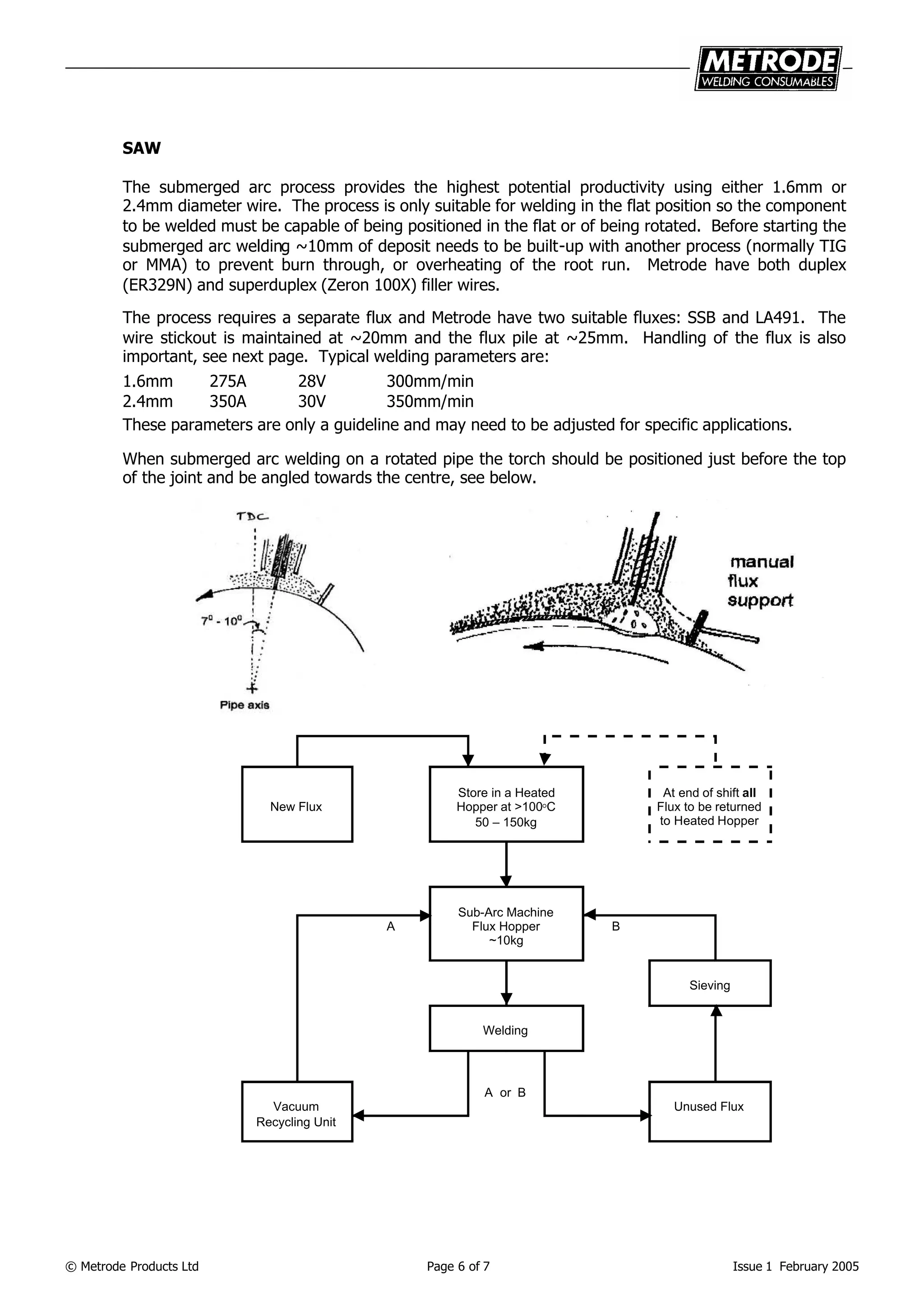 © Metrode Products Ltd Page 6 of 7 Issue 1 February 2005
SAW
The submerged arc process provides the highest potential productivity using either 1.6mm or
2.4mm diameter wire. The process is only suitable for welding in the flat position so the component
to be welded must be capable of being positioned in the flat or of being rotated. Before starting the
submerged arc welding ~10mm of deposit needs to be built-up with another process (normally TIG
or MMA) to prevent burn through, or overheating of the root run. Metrode have both duplex
(ER329N) and superduplex (Zeron 100X) filler wires.
The process requires a separate flux and Metrode have two suitable fluxes: SSB and LA491. The
wire stickout is maintained at ~20mm and the flux pile at ~25mm. Handling of the flux is also
important, see next page. Typical welding parameters are:
1.6mm 275A 28V 300mm/min
2.4mm 350A 30V 350mm/min
These parameters are only a guideline and may need to be adjusted for specific applications.
When submerged arc welding on a rotated pipe the torch should be positioned just before the top
of the joint and be angled towards the centre, see below.
New Flux
Store in a Heated
Hopper at >100C
50 – 150kg
At end of shift all
Flux to be returned
to Heated Hopper
A
Sub-Arc Machine
Flux Hopper
~10kg
B
Sieving
Welding
A or B
Vacuum
Recycling Unit
Unused Flux
 