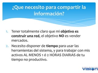 ¿Que necesito para compartir la
           información?


1. Tener totalmente claro que mi objetivo es
   construir una red, el objetivo NO es vender
   mercados.
2. Necesito disponer de tiempo para usar las
   herramientas del sistema, y para trabajar con mis
   activos AL MENOS 1 ó 2 HORAS DIARIAS de tu
   tiempo no productivo.
 